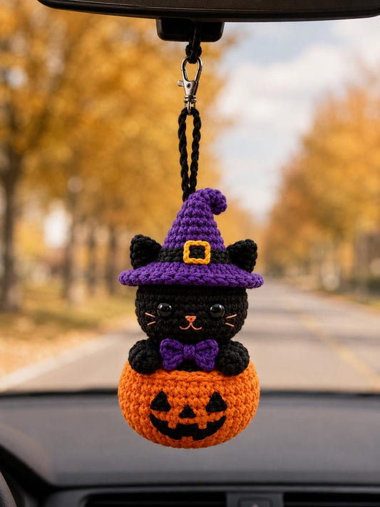 Halloween Crochet Car Hanging, Black Cat Bunny Bat Ghost Mummy Dog Rearview Mirror Charm, Handmade Car Vent Clip, Halloween Gift