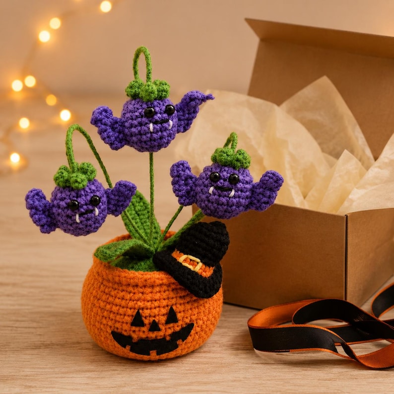Halloween Crochet Pumpkin Pot | Witchy Home Decor | Purple Monster Flower Arrangement | Handmade Halloween Gift
