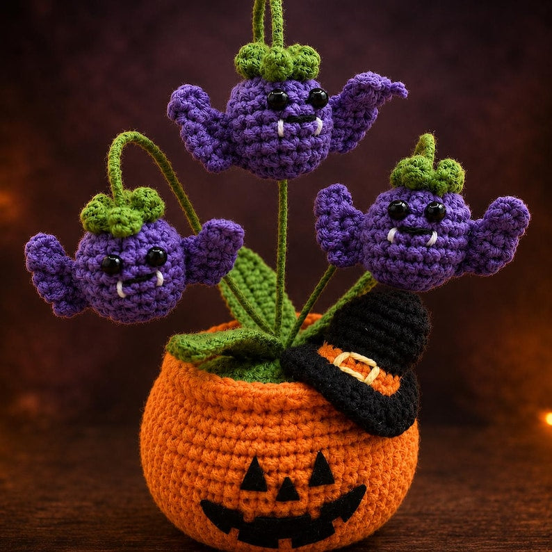 Halloween Crochet Pumpkin Pot | Witchy Home Decor | Purple Monster Flower Arrangement | Handmade Halloween Gift