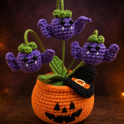 Halloween Crochet Pumpkin Pot | Witchy Home Decor | Purple Monster Flower Arrangement | Handmade Halloween Gift