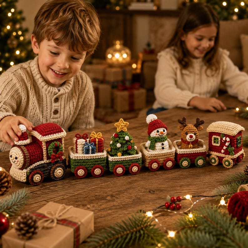 Crochet Christmas Train Set, Handmade Holiday Train Decor, Amigurumi Christmas Train, Xmas Table Decor, Christmas Gift