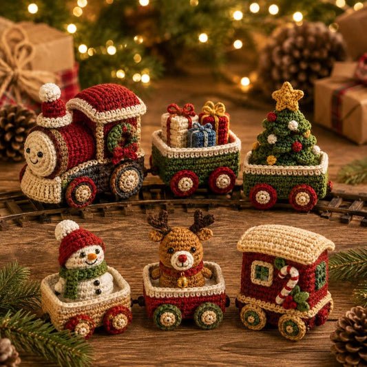 Crochet Christmas Train Set, Handmade Holiday Train Decor, Amigurumi Christmas Train, Xmas Table Decor, Christmas Gift