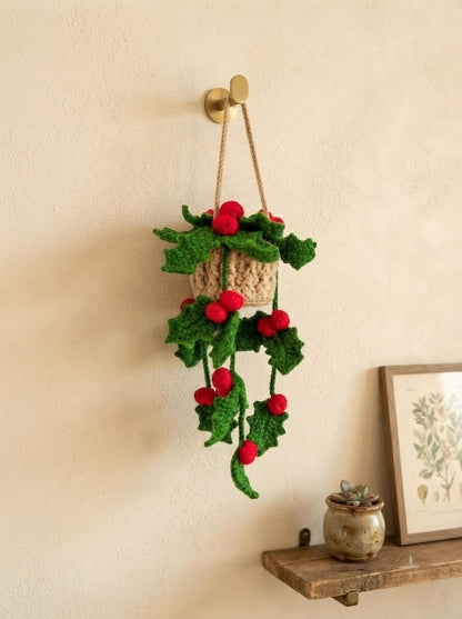 Crochet Holly Berry Car Mirror Charm, Handmade Christmas Hanging Plant, Cute Trailing Vine Car Accessory, Holiday Gift for Her, Christmas