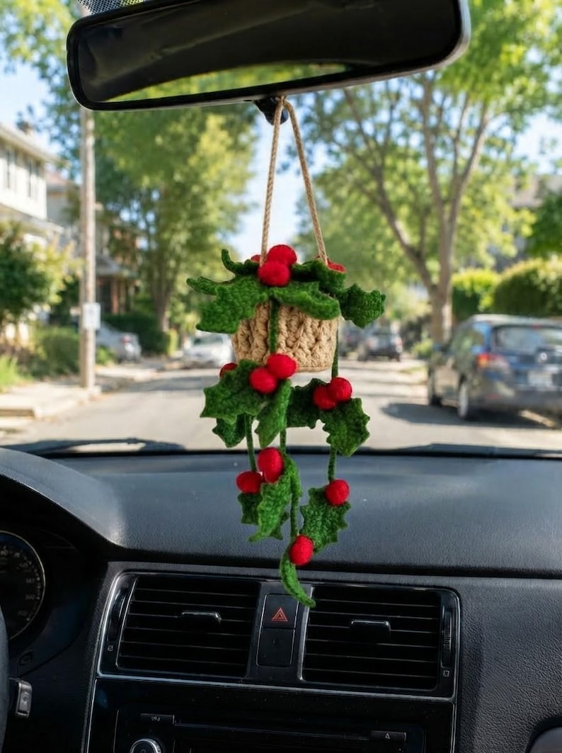 Crochet Holly Berry Car Mirror Charm, Handmade Christmas Hanging Plant, Cute Trailing Vine Car Accessory, Holiday Gift for Her, Christmas