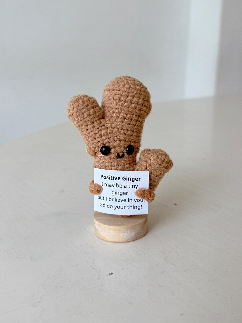 Funny Positive Ginger, Knitted Ginger Toy With Positive Card, Cute Wool Inspirational Ginger Crochet Vegetable Doll Cheer Up Gifts