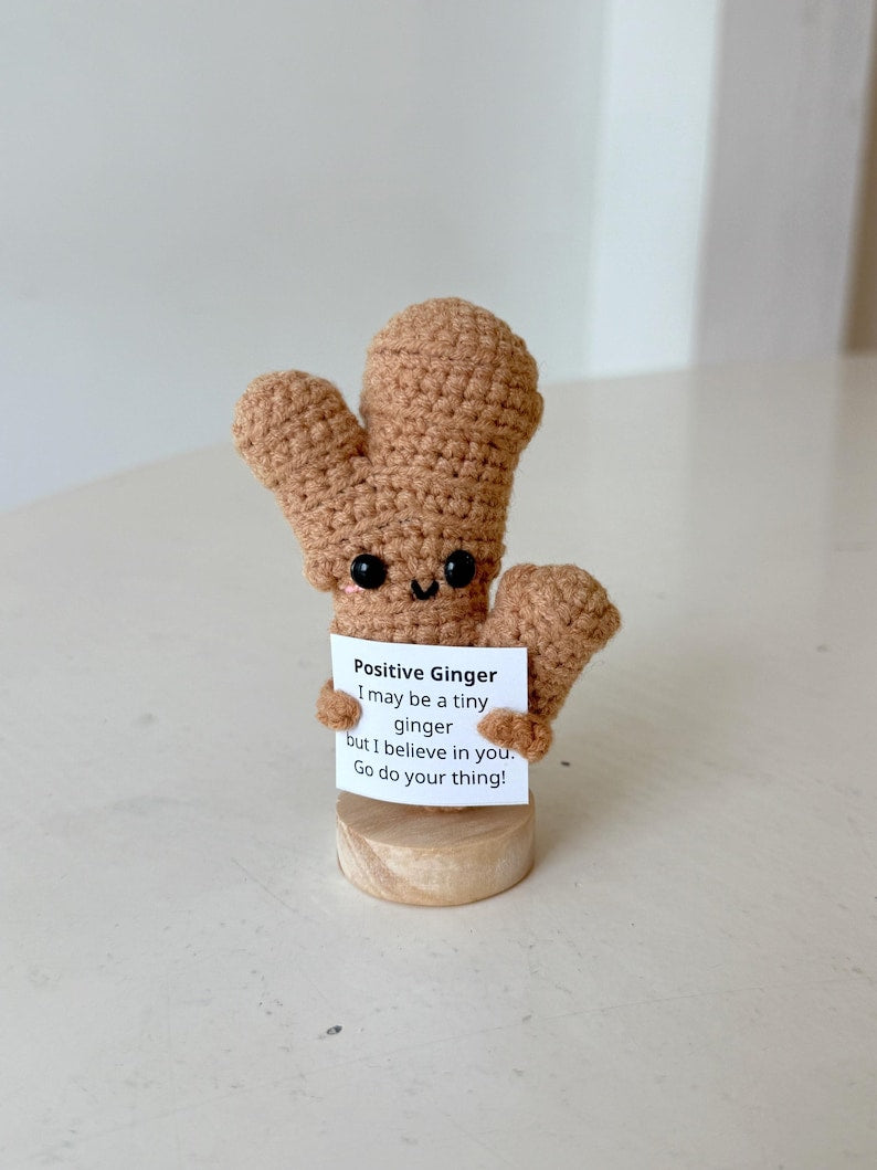 Funny Positive Ginger, Knitted Ginger Toy With Positive Card, Cute Wool Inspirational Ginger Crochet Vegetable Doll Cheer Up Gifts