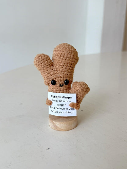 Funny Positive Ginger, Knitted Ginger Toy With Positive Card, Cute Wool Inspirational Ginger Crochet Vegetable Doll Cheer Up Gifts