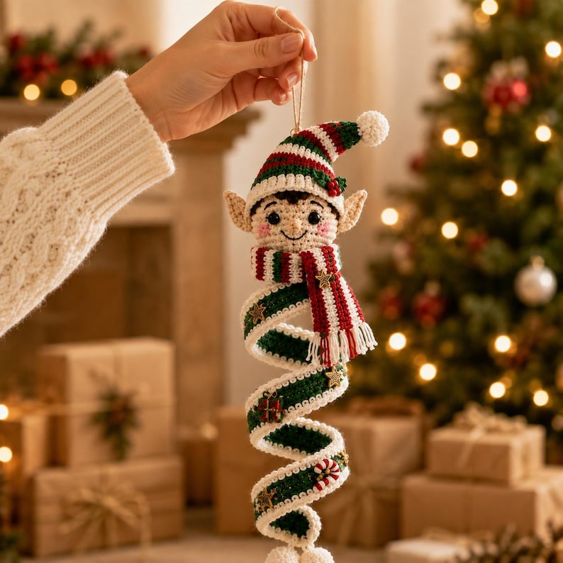 Crochet Christmas Spiral Ornament, Elf Snowman Christmas Tree Hanging Decor, Handmade Holiday Ornament, Christmas Gift