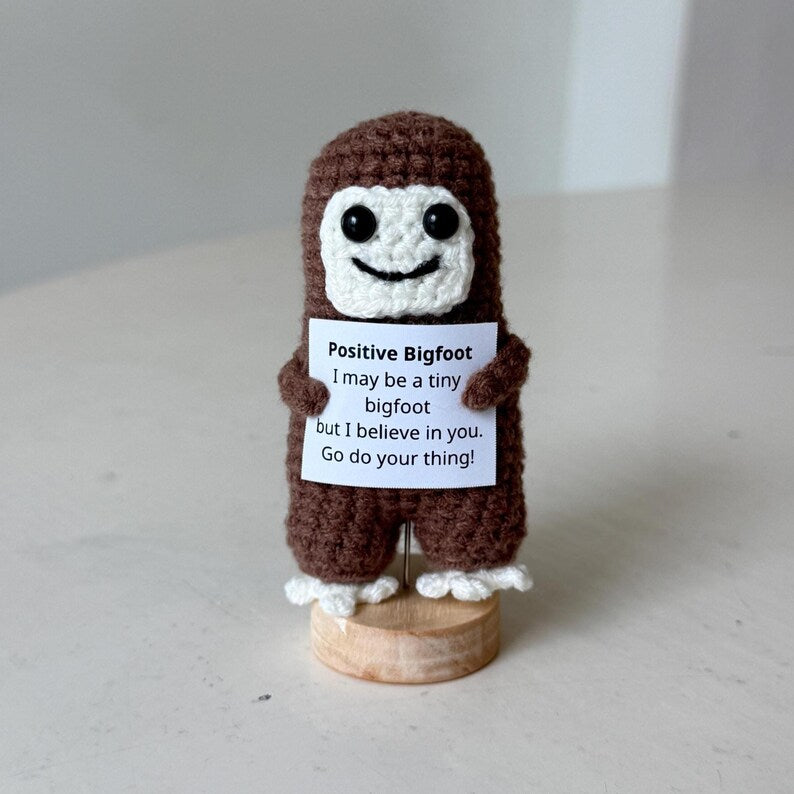 Crochet Bigfoot Plush, Positive Bigfoot Amigurumi, Handmade Sasquatch Decor, Encouragement Gift, Motivational Office Decor