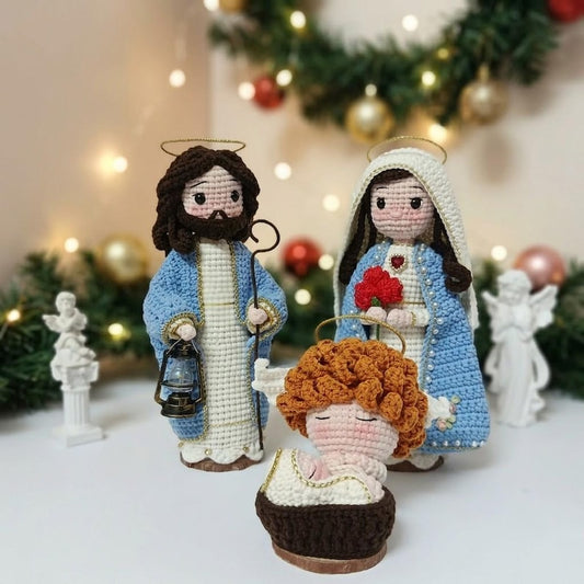 Crochet Holy Family Nativity Set, Handmade Religious Figurine Decor, St Joseph Virgin Mary Baby Jesus Gift, Christian Home Decor