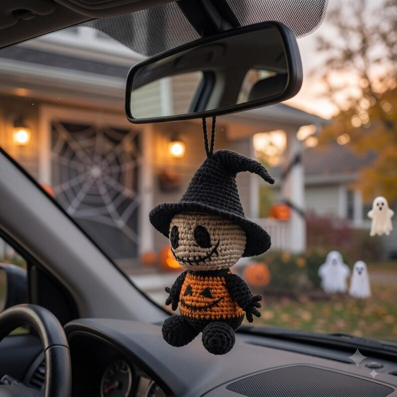 Crochet Halloween Car Charm | Jack Skellington Pumpkin Amigurumi Ornament | Spooky Cute Rear View Mirror Hanger