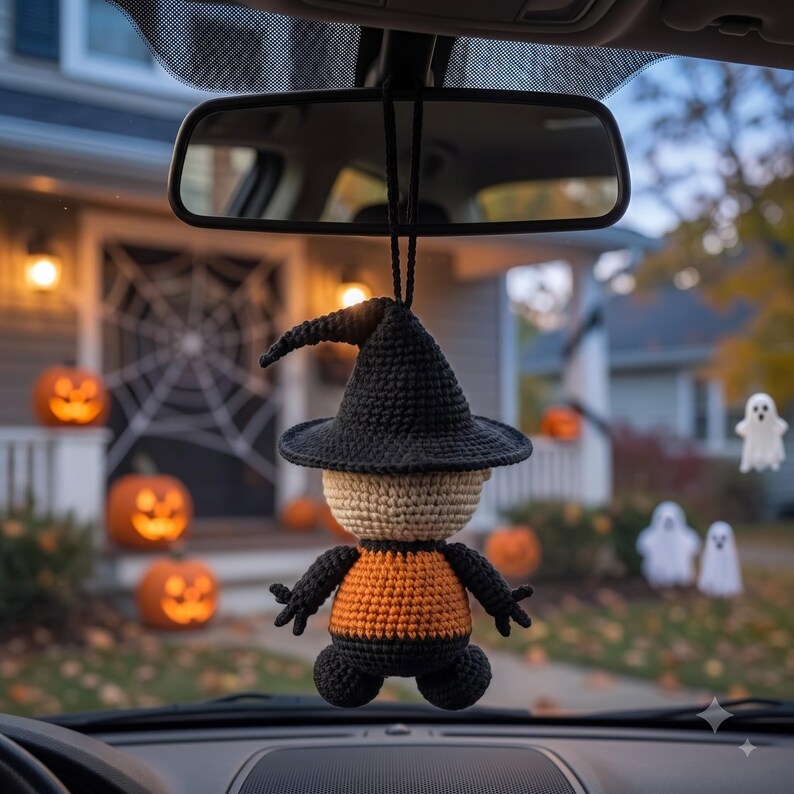 Crochet Halloween Car Charm | Jack Skellington Pumpkin Amigurumi Ornament | Spooky Cute Rear View Mirror Hanger