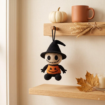 Crochet Halloween Car Charm | Jack Skellington Pumpkin Amigurumi Ornament | Spooky Cute Rear View Mirror Hanger