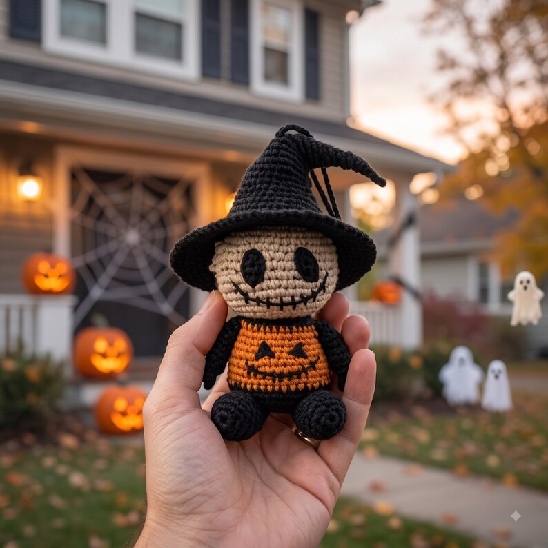 Crochet Halloween Car Charm | Jack Skellington Pumpkin Amigurumi Ornament | Spooky Cute Rear View Mirror Hanger