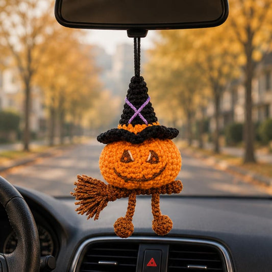 Crochet Pumpkin Witch Car Hanging Ornament, Halloween Rearview Mirror Charm, Handmade Fall Decor, Spooky Amigurumi Gift, Friend Gift