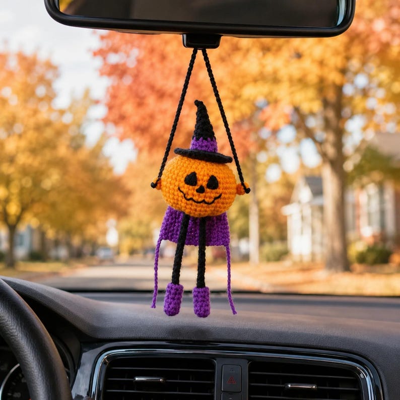 Crochet Super Pumpkin Witch Car Hanging Ornament, Halloween Rearview Mirror Charm, Handmade Fall Decor, Spooky Amigurumi Gift, Friend Gift