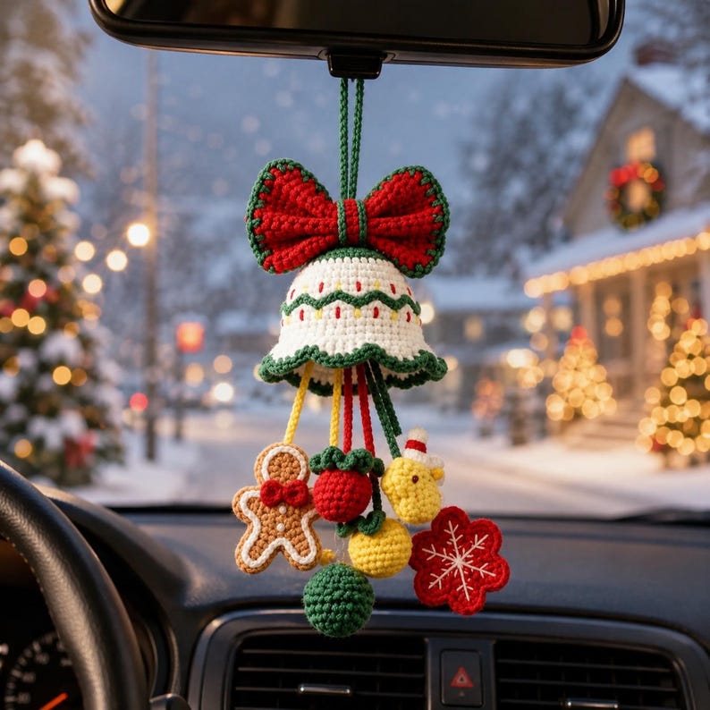 Crochet Christmas Bell Car Ornament, Hanging Charm, Holiday Rearview Mirror Decor, Handmade Gift, Stocking Stuffer Gift for Her,Friend Gift