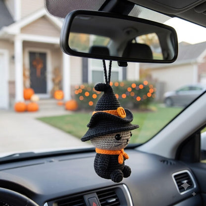 Halloween Witch Cat Car Charm | Crochet Amigurumi Rearview Mirror Hanging | Kawaii Black Cat Ornament Gift