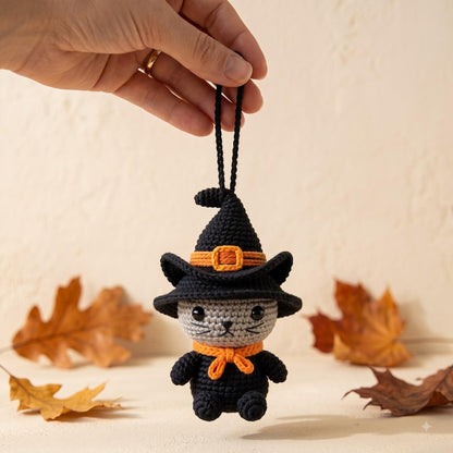 Halloween Witch Cat Car Charm | Crochet Amigurumi Rearview Mirror Hanging | Kawaii Black Cat Ornament Gift