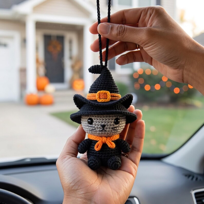 Halloween Witch Cat Car Charm | Crochet Amigurumi Rearview Mirror Hanging | Kawaii Black Cat Ornament Gift