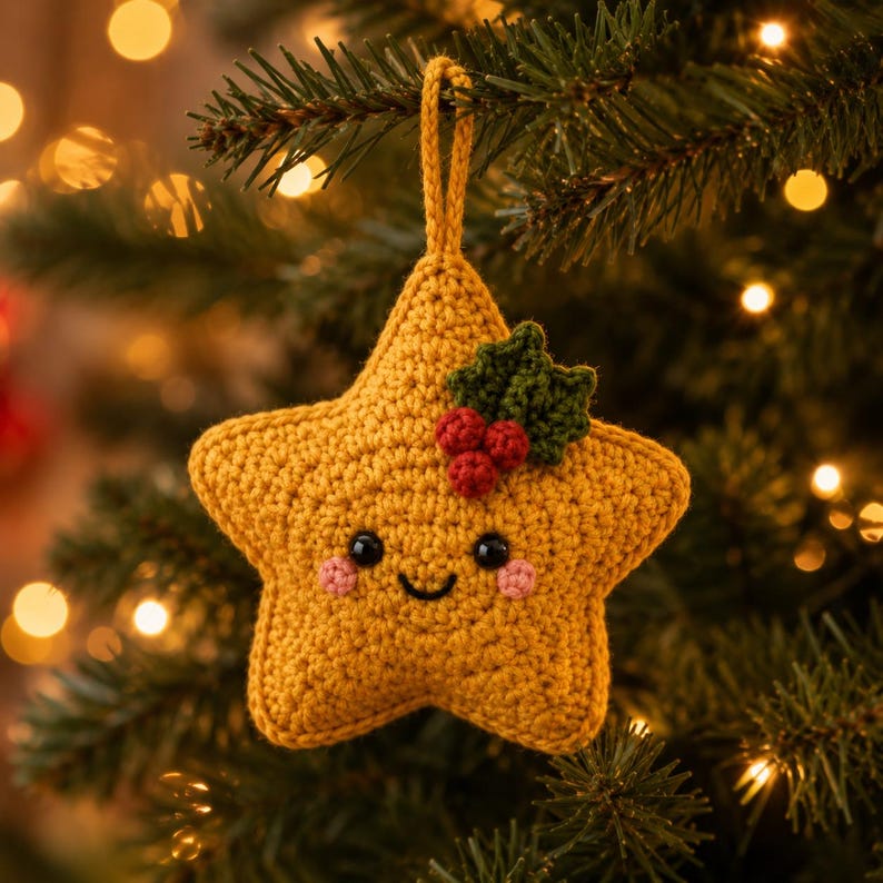 Crochet Christmas Star Ornament, Handmade Xmas Tree Decor, Kawaii Star Hanging, Holly Berry Ornament, Christmas Gift