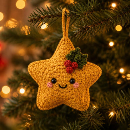 Crochet Christmas Star Ornament, Handmade Xmas Tree Decor, Kawaii Star Hanging, Holly Berry Ornament, Christmas Gift