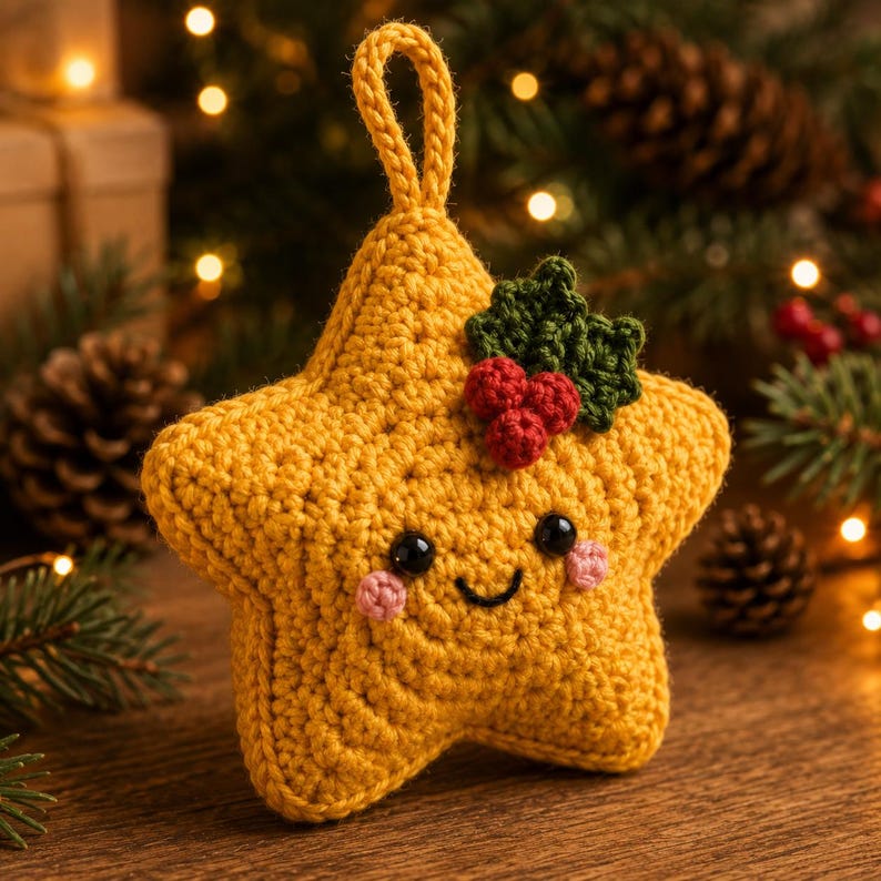 Crochet Christmas Star Ornament, Handmade Xmas Tree Decor, Kawaii Star Hanging, Holly Berry Ornament, Christmas Gift
