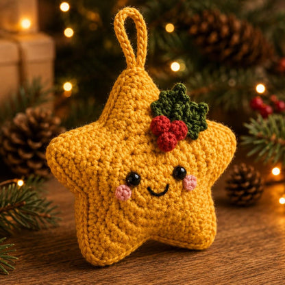 Crochet Christmas Star Ornament, Handmade Xmas Tree Decor, Kawaii Star Hanging, Holly Berry Ornament, Christmas Gift