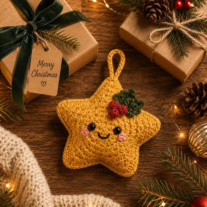 Crochet Christmas Star Ornament, Handmade Xmas Tree Decor, Kawaii Star Hanging, Holly Berry Ornament, Christmas Gift