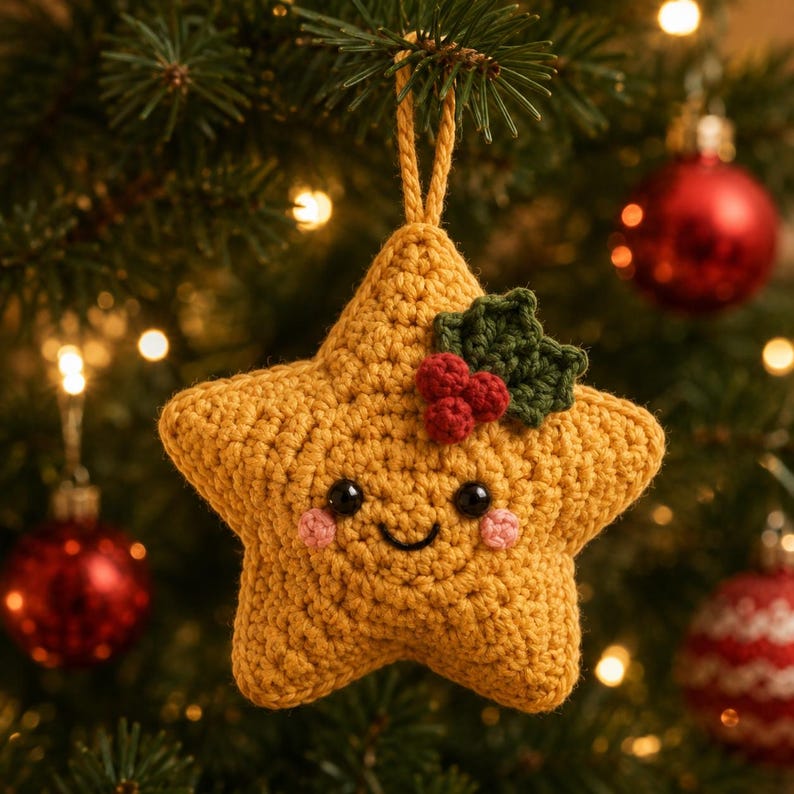 Crochet Christmas Star Ornament, Handmade Xmas Tree Decor, Kawaii Star Hanging, Holly Berry Ornament, Christmas Gift