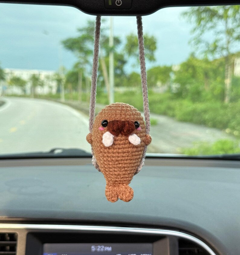 Cute Swinging Baby Walrus Car Mirror Hanging Accessories, Crochet Walrus Ornaments, New Car Gift, Gift For Her, Car Decorations, Car Charm