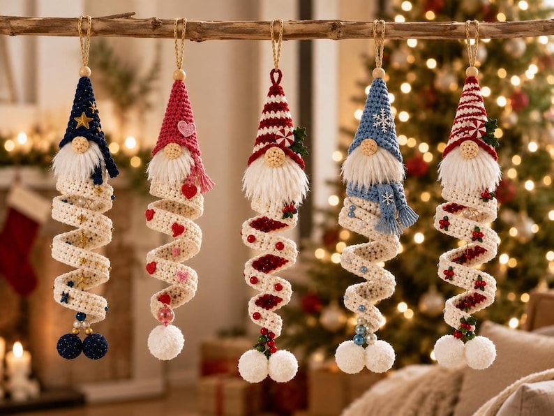 Crochet Christmas Gnome Ornament, Spiral Hanging Nordic Elf Decor, Handmade Holiday Stocking Stuffer, Winter Gift for Her,Friend Gift