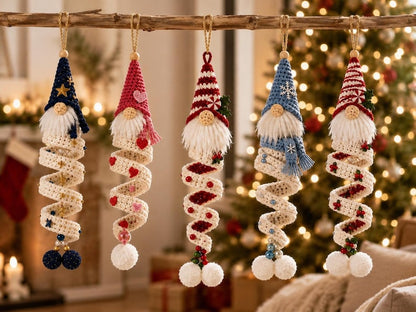 Crochet Christmas Gnome Ornament, Spiral Hanging Nordic Elf Decor, Handmade Holiday Stocking Stuffer, Winter Gift for Her,Friend Gift