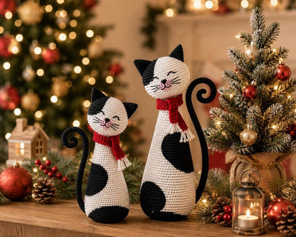 Handmade Crochet Cat Couple, Black White Cat Decor, Cute Cat Shelf Decor, Cat Lover Gift, Wedding Gift, Christmas Home Decor