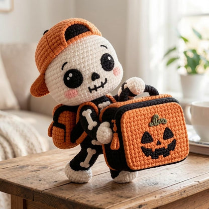 Handmade Crochet Skeleton Plush with Lunchbox, Cute Spooky Amigurumi Toy, 30 cm Soft Halloween Desk Decor and Unique Gift