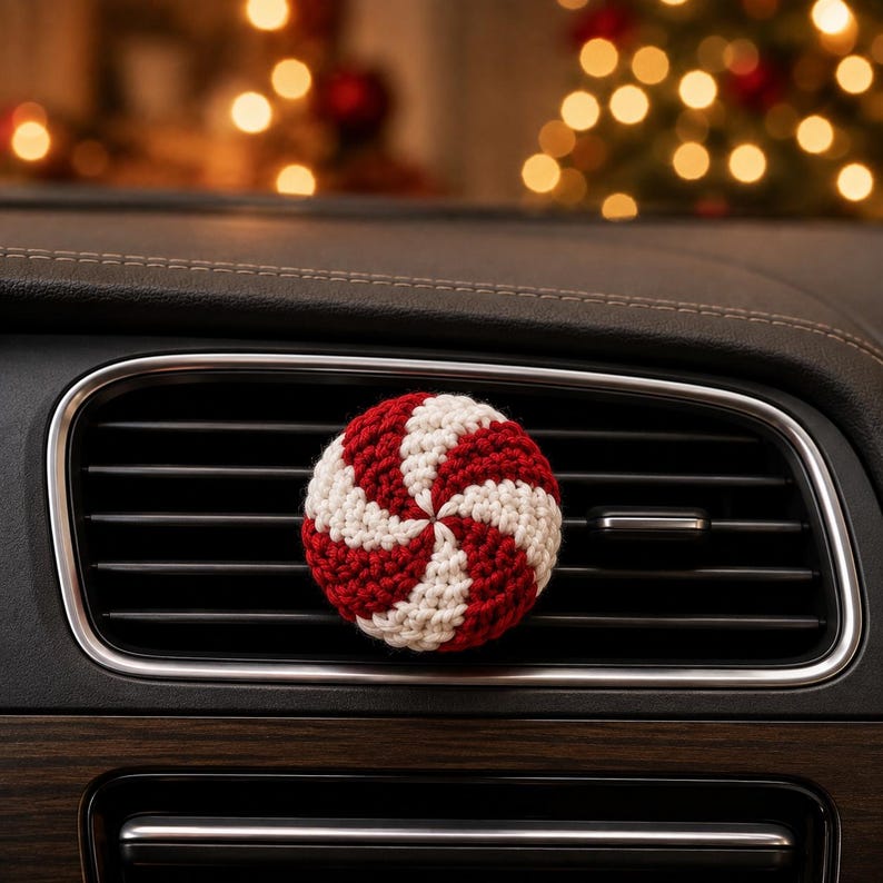 Crochet Christmas Car Vent Charm, Holiday Car Decor, Handmade Vent Clip, Christmas Ornament, Stocking Wreath Candy Cane Gift
