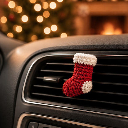 Crochet Christmas Car Vent Charm, Holiday Car Decor, Handmade Vent Clip, Christmas Ornament, Stocking Wreath Candy Cane Gift