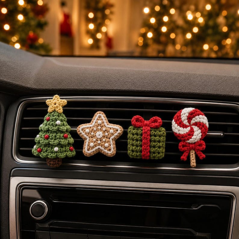 Crochet Christmas Car Vent Charm, Holiday Car Decor, Handmade Vent Clip, Christmas Ornament, Stocking Wreath Candy Cane Gift