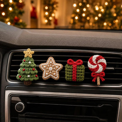 Crochet Christmas Car Vent Charm, Holiday Car Decor, Handmade Vent Clip, Christmas Ornament, Stocking Wreath Candy Cane Gift