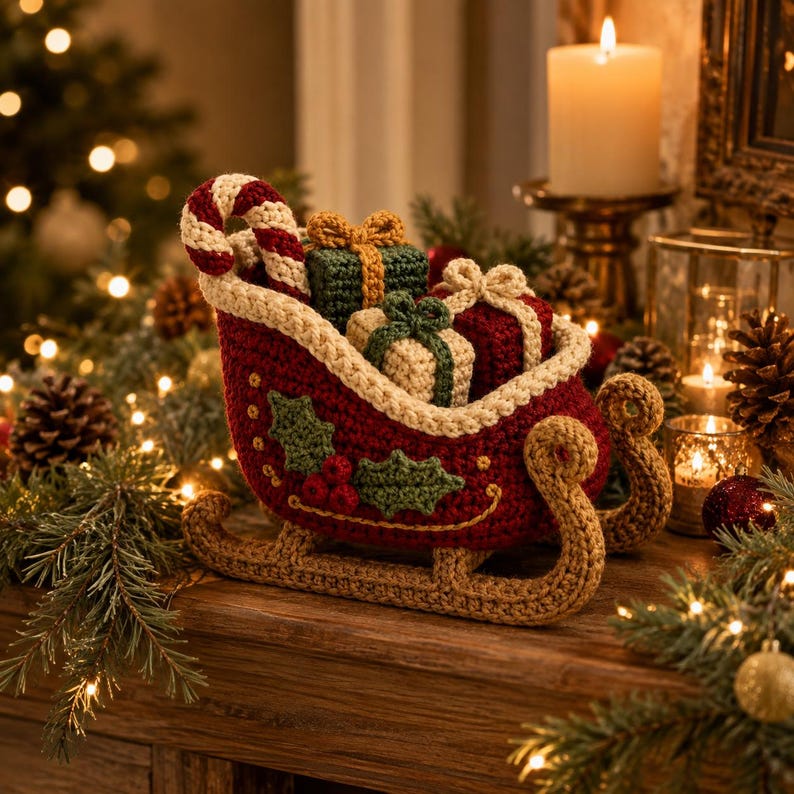 Crochet Christmas Sleigh, Handmade Xmas Sleigh Decor, Crochet Gift Basket, Christmas Table Decor, Holiday Centerpiece, Xmas Gift