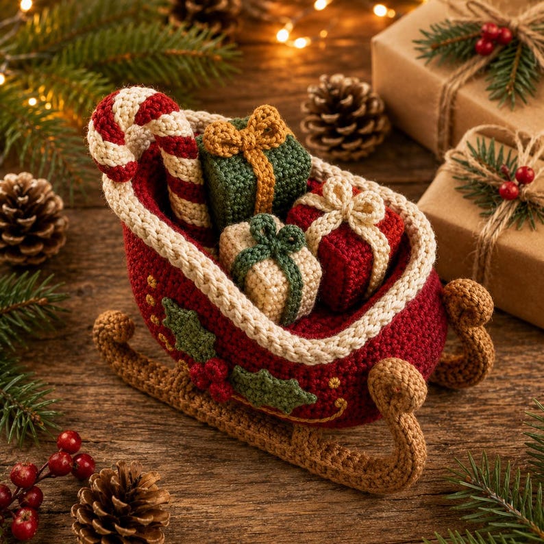 Crochet Christmas Sleigh, Handmade Xmas Sleigh Decor, Crochet Gift Basket, Christmas Table Decor, Holiday Centerpiece, Xmas Gift