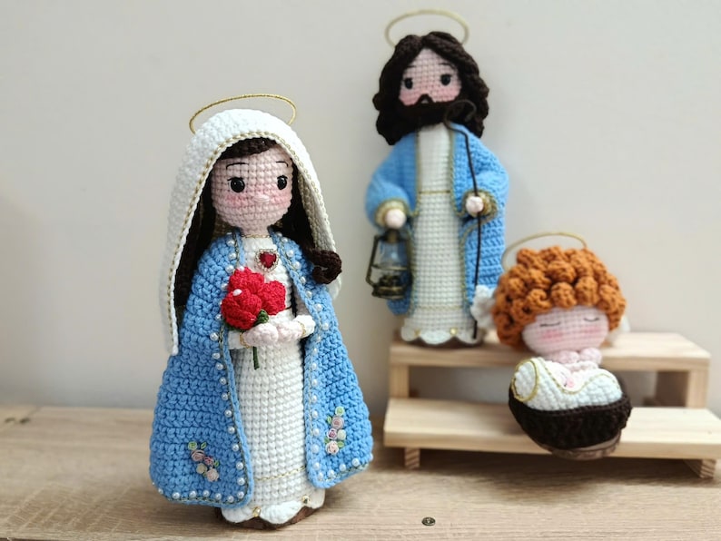 Crochet Holy Family Nativity Set, Handmade Religious Figurine Decor, St Joseph Virgin Mary Baby Jesus Gift, Christian Home Decor