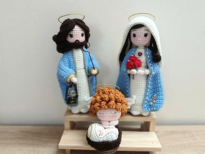 Crochet Holy Family Nativity Set, Handmade Religious Figurine Decor, St Joseph Virgin Mary Baby Jesus Gift, Christian Home Decor