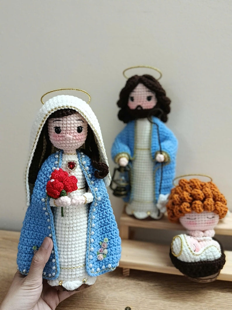 Crochet Holy Family Nativity Set, Handmade Religious Figurine Decor, St Joseph Virgin Mary Baby Jesus Gift, Christian Home Decor