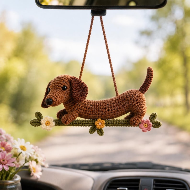 Crochet Dachshund Car Accessories | Wiener Dog Rearview Mirror Hanger | Sausage Dog Ornament | Amigurumi Dog Plush | New Car Gift for Her