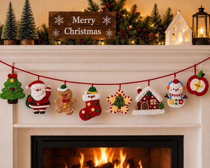 Crochet Christmas Garland, Handmade Holiday Banner, Santa Gingerbread Snowman Mantel Decor, Festive Home Hanging Decoration,  Xmas backdrops