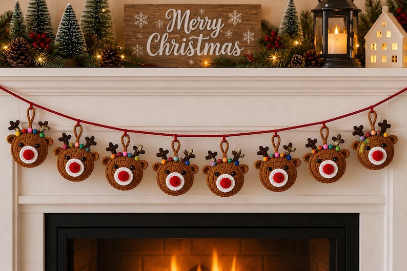 Crochet Reindeer Garland, Handmade Holiday Banner, Santa Gingerbread Snowman Mantel Decor, Festive Home Hanging Decoration,  Xmas backdrops