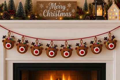 Crochet Reindeer Garland, Handmade Holiday Banner, Santa Gingerbread Snowman Mantel Decor, Festive Home Hanging Decoration,  Xmas backdrops