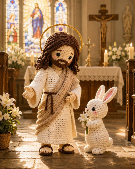 Crochet Jesus and Easter Bunny, Handmade Christian Easter Decor, He Is Risen Gift, Religious Amigurumi, Faith Gift, Spring Decor