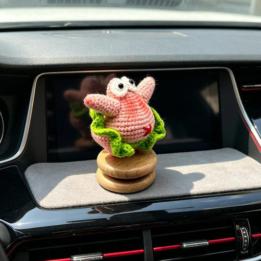 Handmade Crochet Car Figurine Wooden Base Ornament Distinct Handcrafted Trinket for auto interior office home decorative display occasions